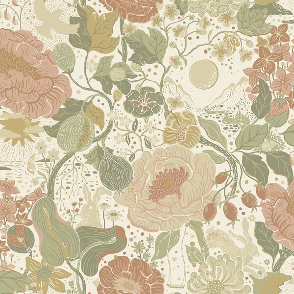 Manhattan Comfort Garfield Vxa Green Rabbits Rosehips 33 ft L X 209 in W Wallpaper BR4111-63012 - main